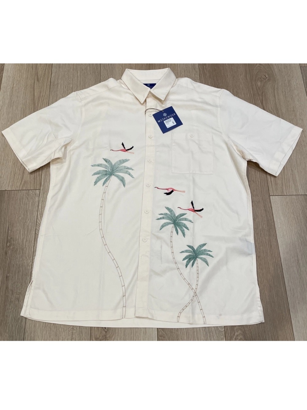 NWT Weekender Mens Hawaiian Embroidered Flamingo Coast Palm Tree Button Shirt XL